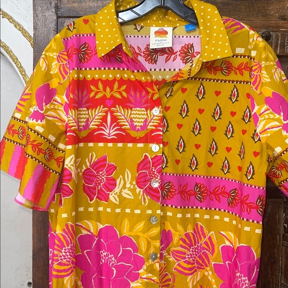 Farm Rio Floral Striped Shirtdress Size L Yellow Pink Maxi Missing Belt - Picture 5 of 9